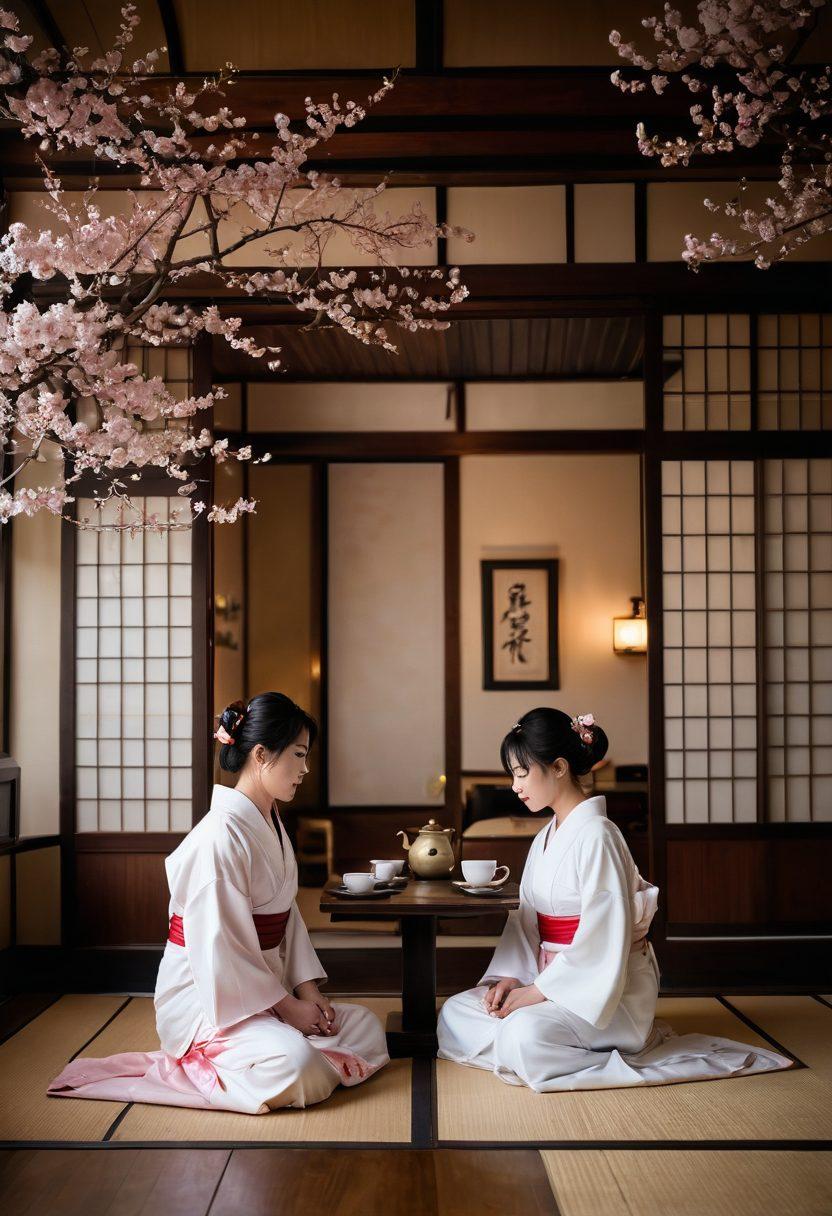 A visually captivating scene blending traditional Japanese aesthetics with modern intimacy, featuring a serene traditional tea room adorned with soft lighting and intricate woodwork. In the foreground, a couple is engaging in an intimate and respectful celebration of Japanese culture, surrounded by elements like cherry blossoms, shibari ropes, and silk fabrics that emphasize sensuality. Ethereal spirits of ancient Japanese deities subtly hover in the background, enhancing the mystical atmosphere. super-realistic. vibrant colors. soft-focus.