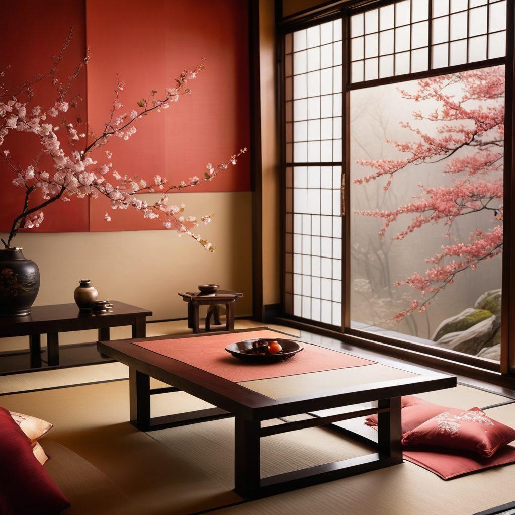 A serene Japanese room adorned with soft, ambient lighting, highlighting delicate shoji screens and a low wooden table. In the foreground, a couple shares intimate moments, surrounded by elegant cherry blossoms and traditional Japanese decor that evoke sensuality and romance. Soft silk fabrics, as well as subtle hints of erotic art, are woven into the scene, creating a captivating atmosphere. The color palette is warm with rich reds and soft golds that enhance the allure. super-realistic. vibrant colors. intimate atmosphere.
