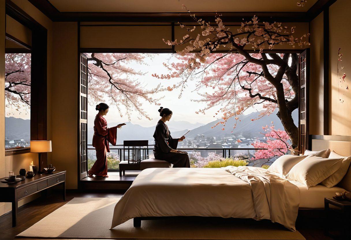 A sultry, intimate scene depicting a serene Japanese bedroom with soft, ambient lighting. Elegant silk sheets and traditional art adorn the walls, while cherry blossom petals float through the air, creating a romantic atmosphere. A silhouette of a couple can be seen playfully engaged, emphasizing passion and desire. Gentle shadows add to the allure, highlight the intricate details of the setting. super-realistic. vibrant colors. soft focus.